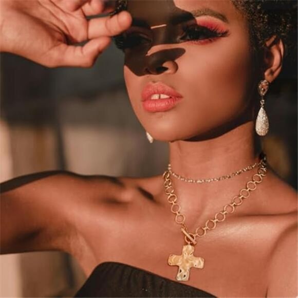 Gold Chunky Cross Necklace for Women Statement Cross Pendant Necklace - Picture 2 of 6